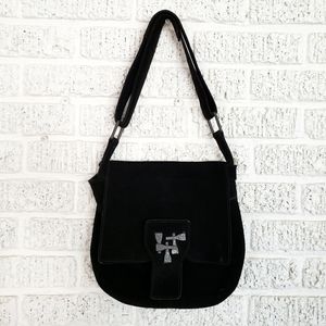 70's Vintage Black Suede Leather Flap Shoulder HandBag